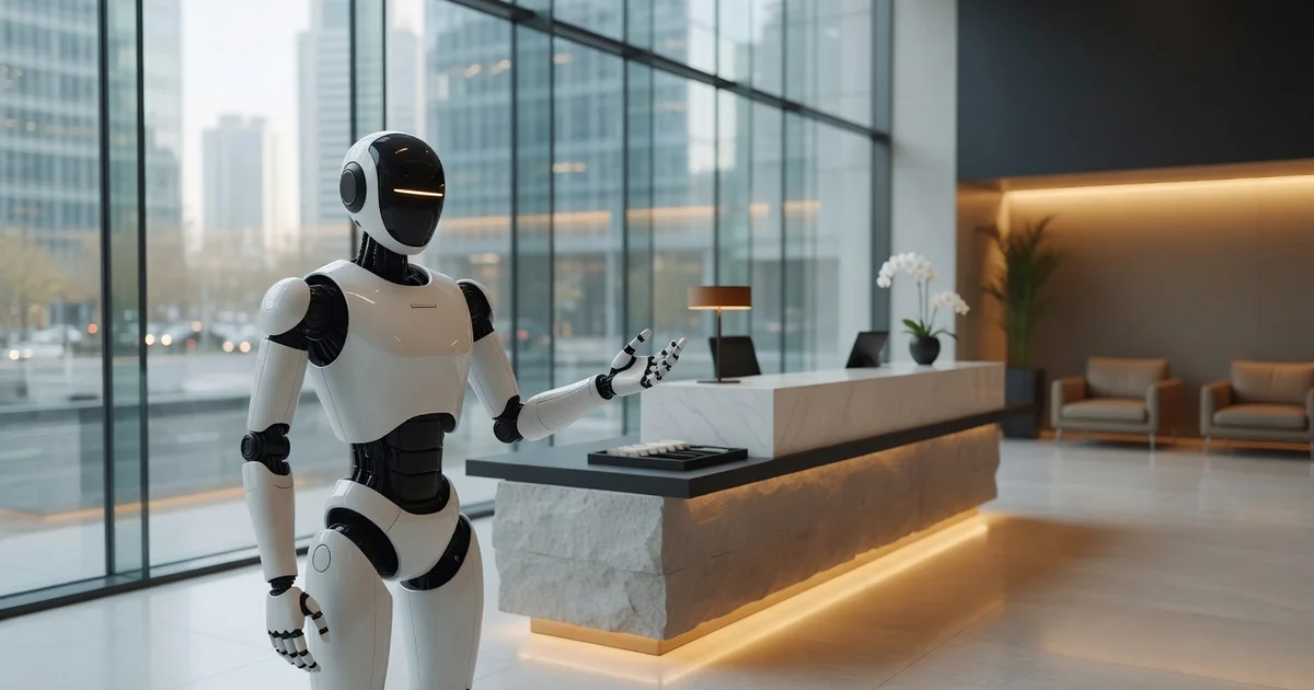 Modern bir otel lobisinde resepsiyon bankosunun önünde ziyaretçileri karşılayan insansı robot