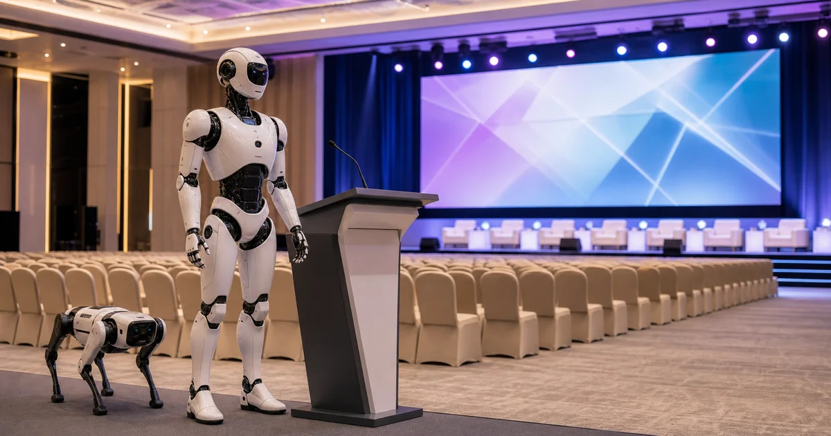 Modern kongre salonunda sahne önünde duran insansı robot; arka planda konferans katılımcıları ve sahne ışıkları