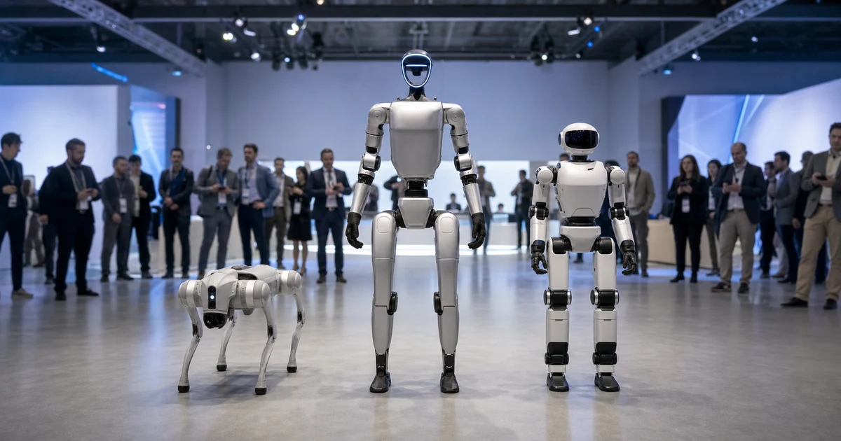 Unitree Go2, G1 ve R1 robotlarının etkinlik alanında yan yana karşılaştırmalı görünümü