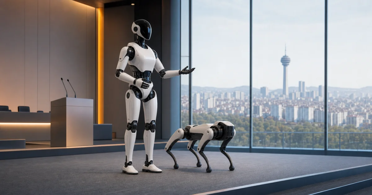 Ankara'da Atakule silüetinin göründüğü modern bir kongre salonunda duran insansı robot ve robot köpek