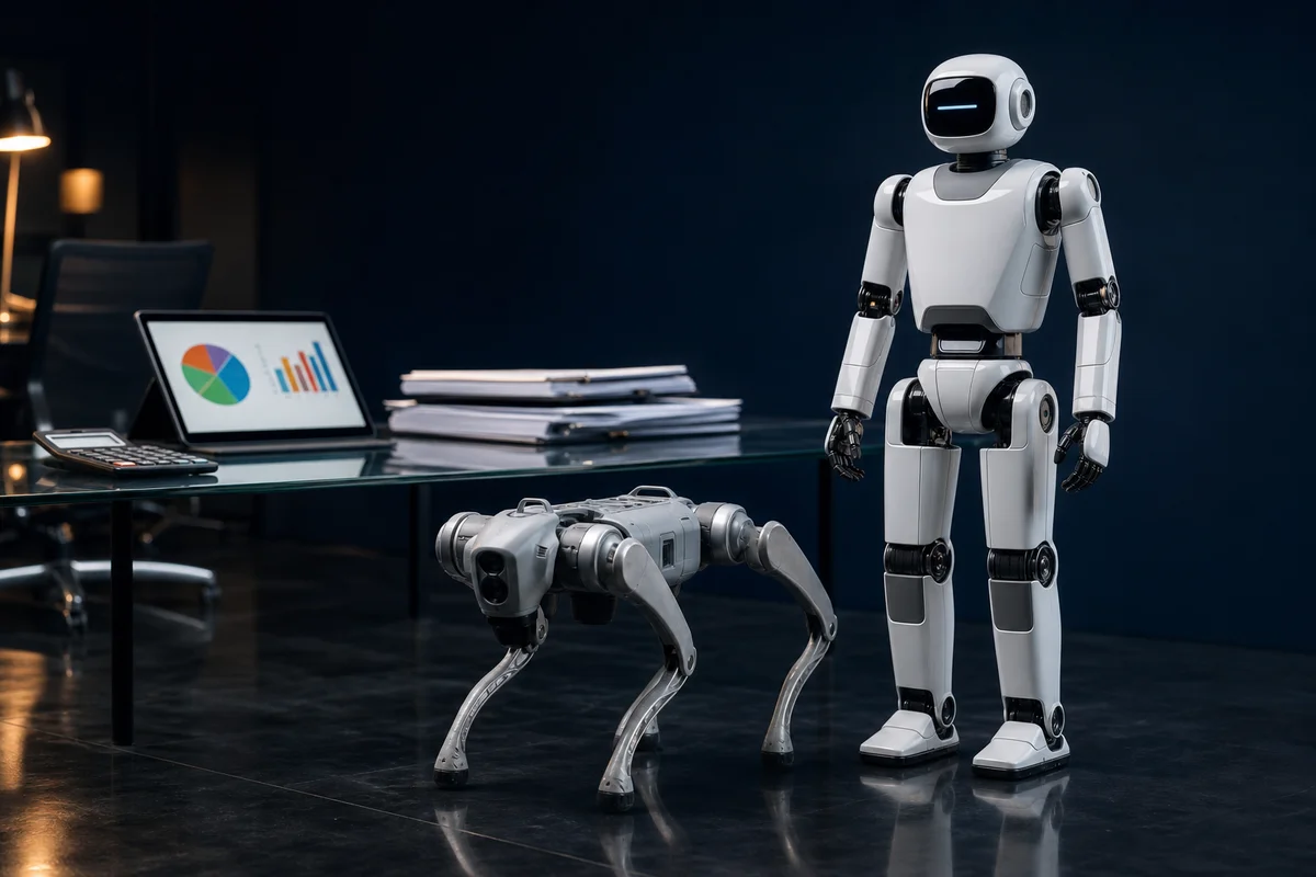 Robot köpek ve insansı robot yanında bütçe planlama görsellerinin yer aldığı premium etkinlik teknolojisi kompozisyonu