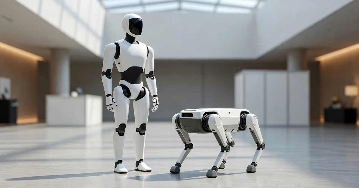 Geniş bir fuar merkezi fuayesinde yan yana duran beyaz insansı robot ve siyah robot köpek