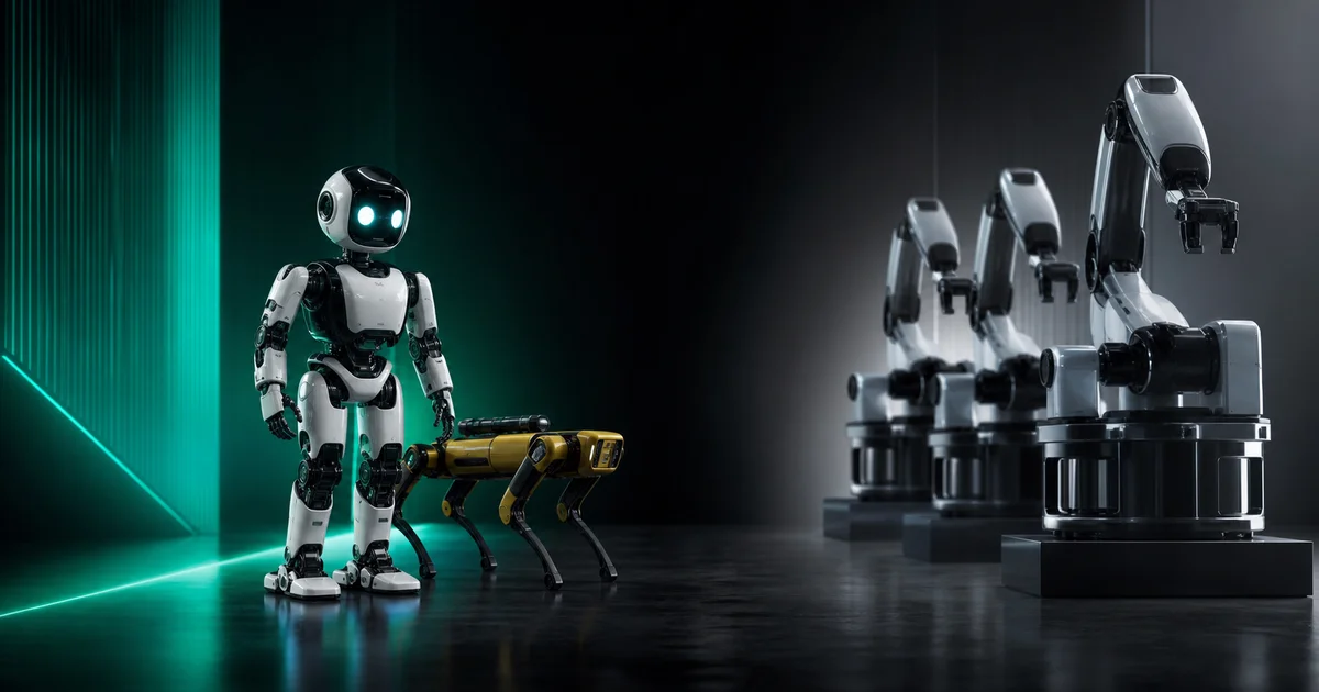 İnsansı robot ve robot köpek bir arada; kiralama ile satın alma kararını simgeleyen premium kompozisyon