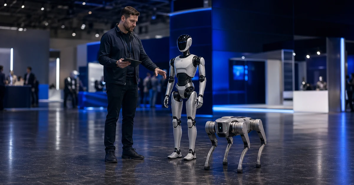 Profesyonel robot operatörü etkinlik alanında Go2 ve G1 robotlarla çalışırken