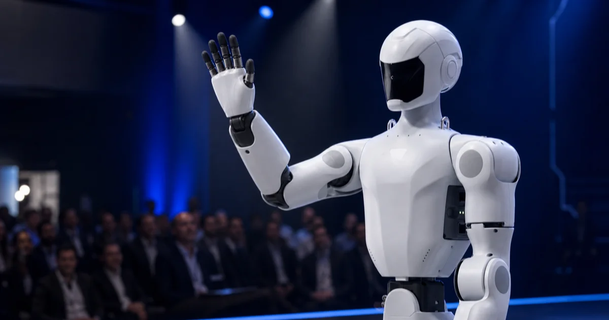 Unitree R1 kompakt insansı robotu sahnede spot ışıkları altında jest yaparken, arkada izleyen kalabalık